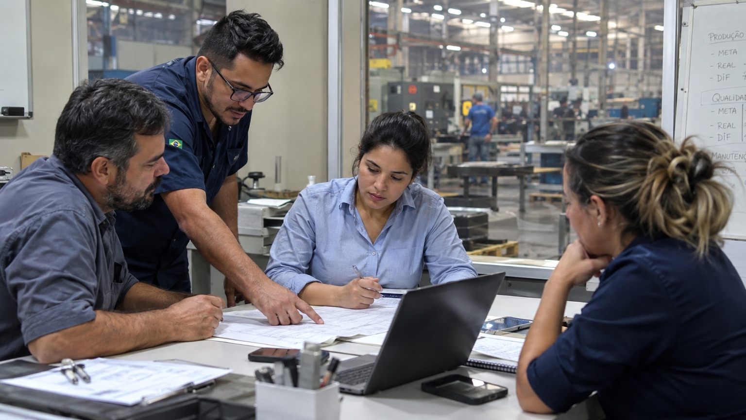 Equipe discutindo decisões em ambiente administrativo integrado à operação