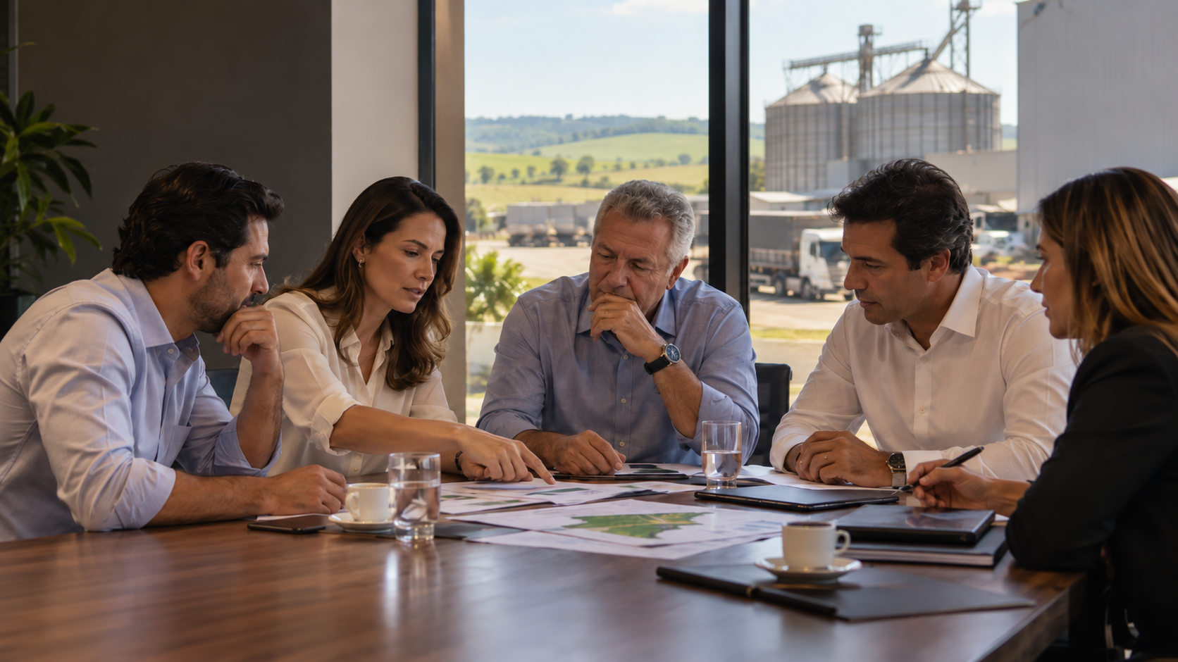 Empresários e executivos reunidos em um ambiente produtivo brasileiro