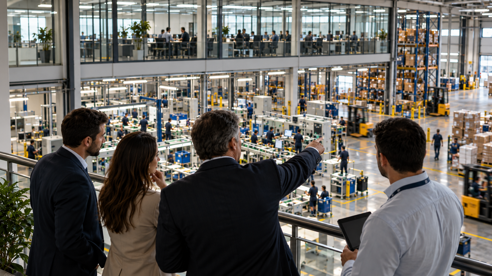 Executivos observando uma operação industrial e logística