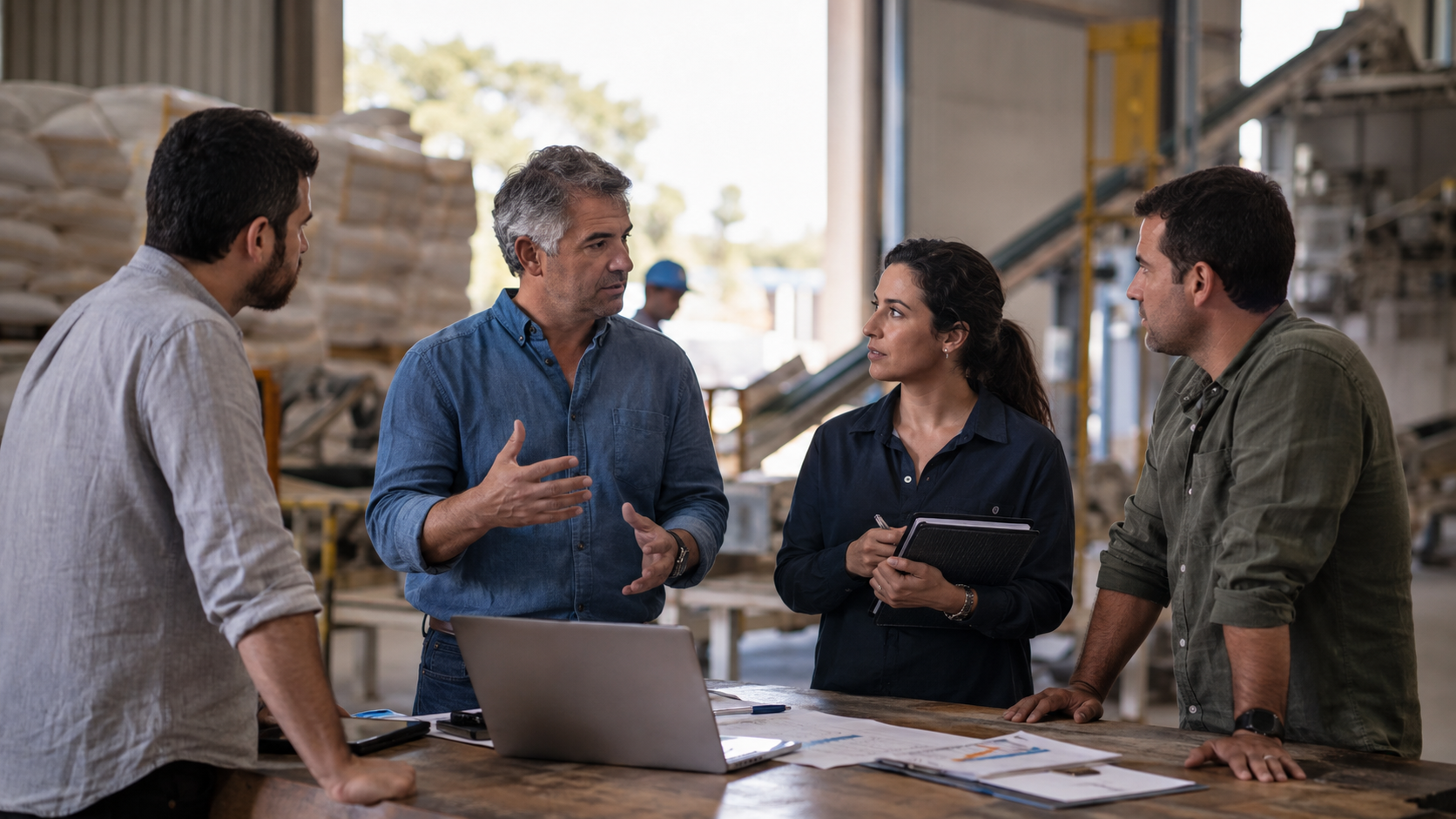 Lideranças conversando sobre decisões comerciais em ambiente produtivo